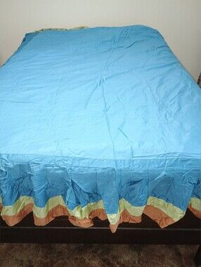 Nobility Duo Queen Blue Bed Skirt Dust Ruffle Multicolor Trim - Home Bedding